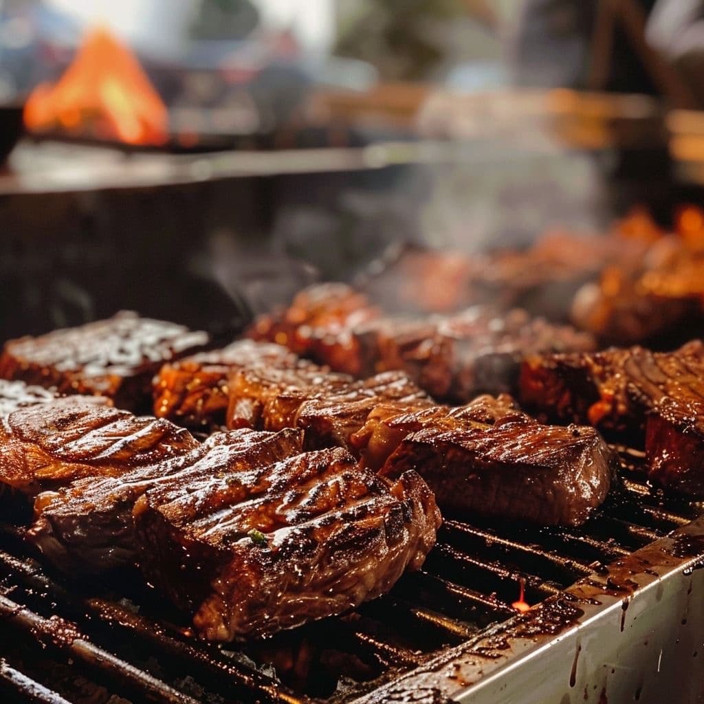 Juicy grilled steak at Cibao Grille in Naples, Florida, expertly cooked and served with gourmet sides in an upscale dining setting